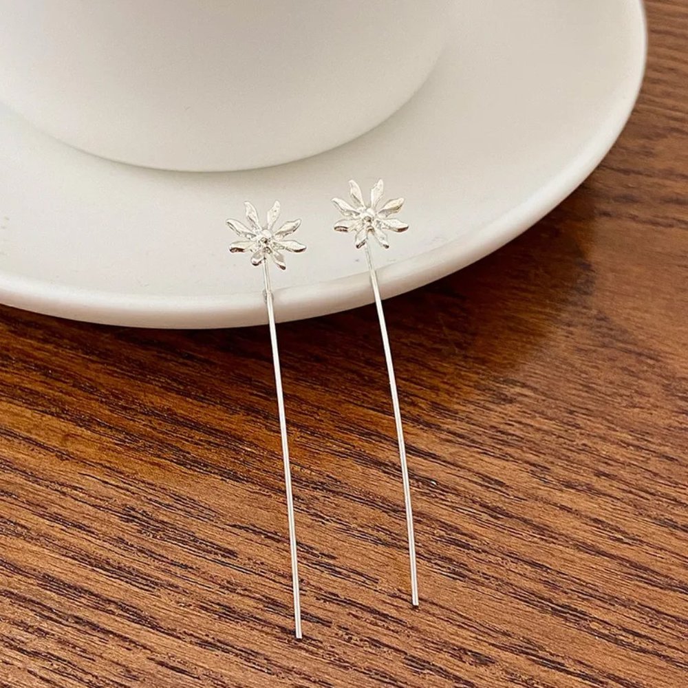 Silver Long Stem Flower Threader Earring NEW - Picture 3 of 6